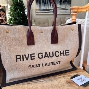 BRAND NEW! AUTHENTIC! Saint Laurent Rive Gauche Beige and Brown Linen Tote Bag